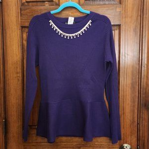 New York & Company Purple Rhinestone-Embellished Peplum Sweater